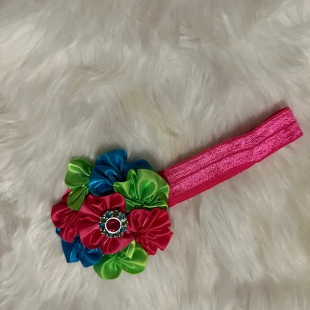 Bundle (2) of Satin Flower Cluster on FOE Headband  HB8264  Handmade NWT Boutiqu